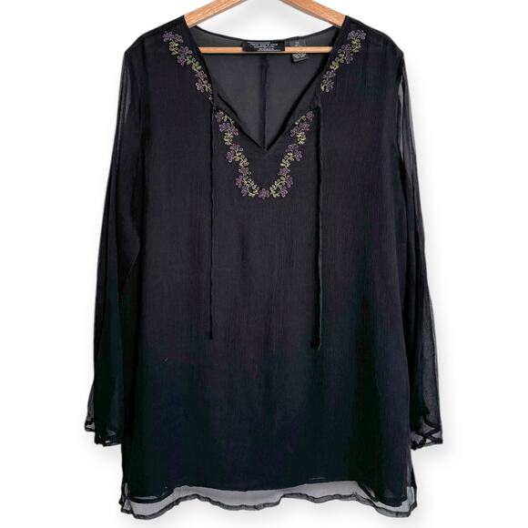 New York City Design Co Black 100% Silk Sheer Floral Trimmed Tunic Women's 2X - Picture 1 of 8